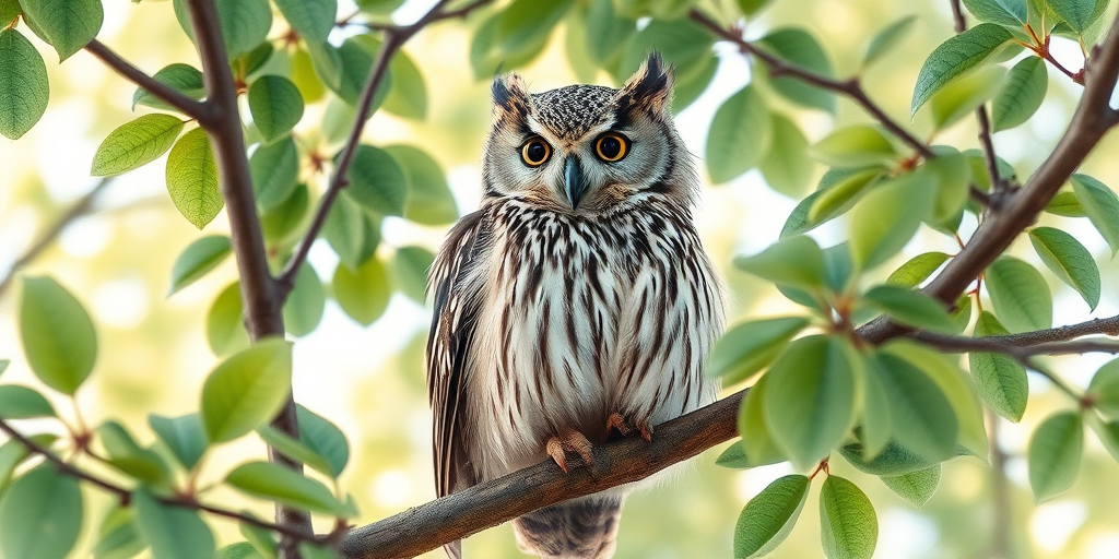 A detailed watercolor illustration of an owl perched on a tree branch surrounded by green leaves, captured with a Canon EOS R5, 50mm lens, f/2.8 aperture, ISO 100, in soft morning light for enhanced clarity and color vibrancy.