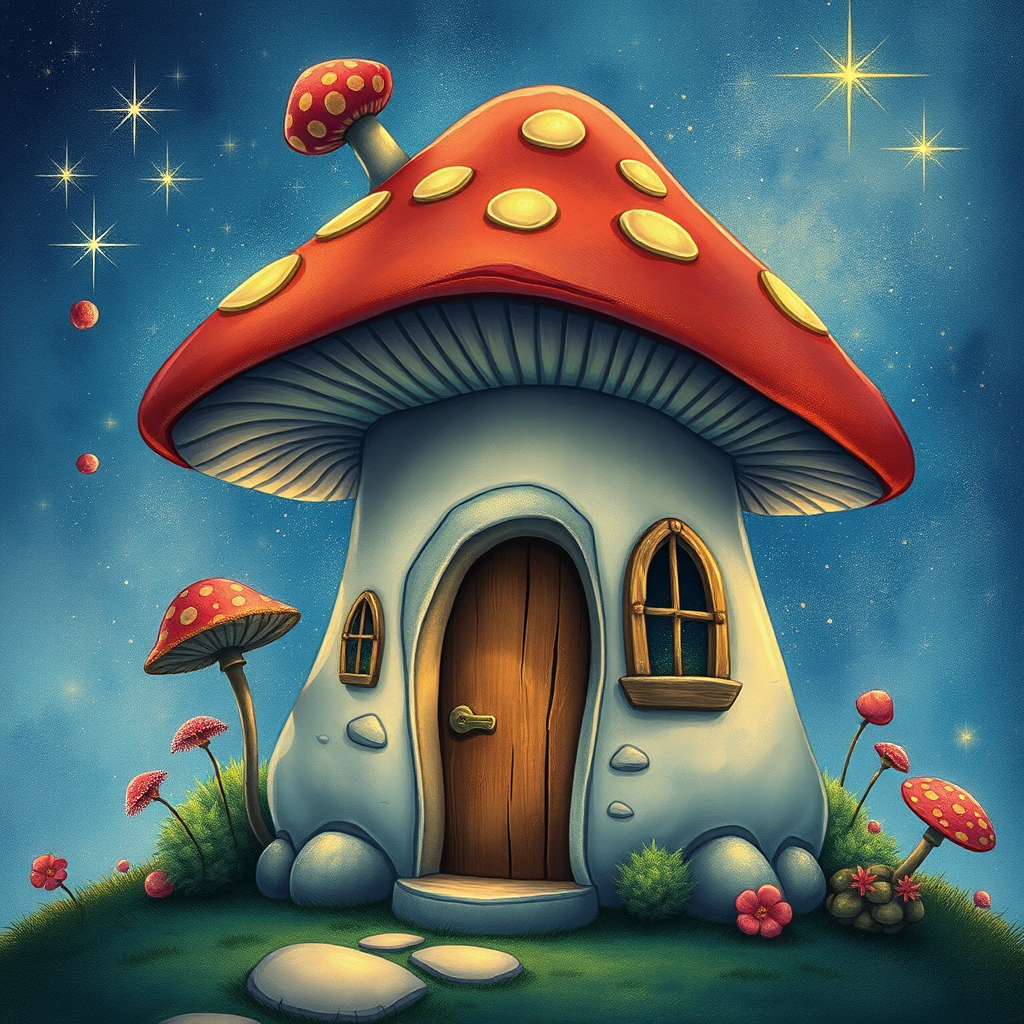 this image is illustration of a mushroom house with a door and a window, a storybook , fantasy art, mushroom house, bg starry sky, sparkles