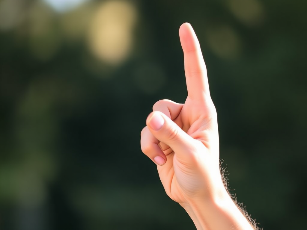 Generate a high-resolution image of a hand pointing upwards with a clean, vector-style design, using a 50mm lens, aperture f/2.8, ISO 100, shot in natural light from a slightly above angle with a soft focus background.