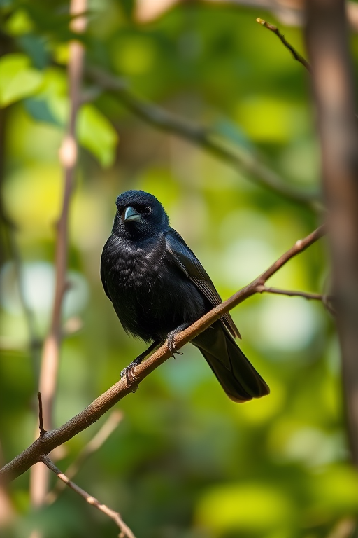 A blackbird perched on a branch surrounded by trees, captured with a Canon EOS R5, 85mm lens, f/1.8 aperture, ISO 200, shallow depth of field, in natural light with soft focus background.