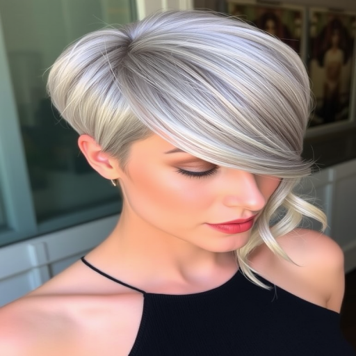 Sophisticated silvery-gray pixie with long side-swept bangs and subtle platinum highlights, styled in sleek finger waves for a timeless vintage appeal