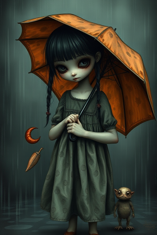 An eerie, weird little girl with dark hair in thin pigtails, wearing a smock dress, standing in the rain, holding a dirty orange umbrella, a small, odd creature beside her. In a surreal style inspired by Nicoletta Ceccoli and Brian Froud. Dark fantasy themes