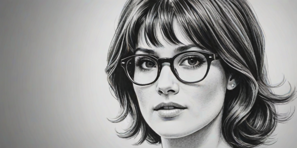 Fetching Gemma Arterton, pencil sketch, portrait of Graceful woman 1965s in glasses, hair style beatnik, outline, clear lines, fine lines, 8k