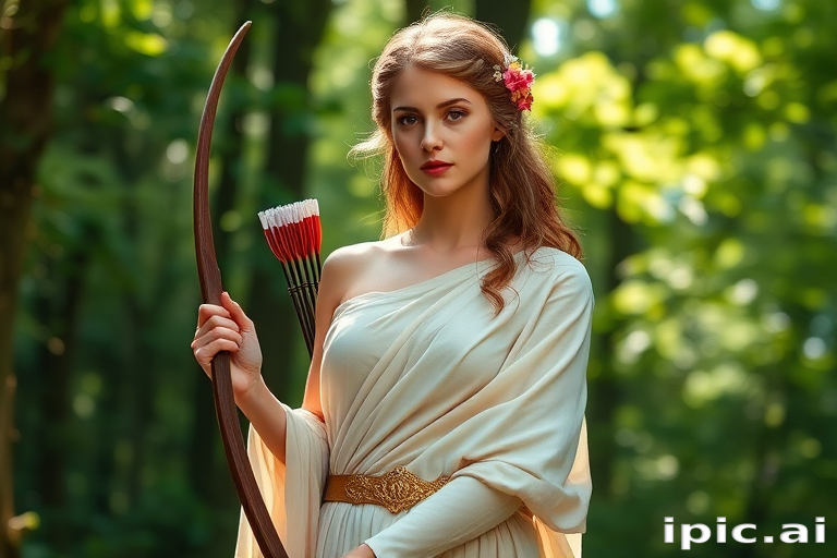Create a portrait of a goddess-like female figure in a tranquil, forested environment. She has an elegant appearance with long, wavy hair styled in an updo and adorned with a delicate, floral headband. She wears a flowing, ancient Greek-inspired gown in a soft, pale color, featuring a one-shoulder design and draped fabric that accentuates her graceful form. The outfit includes a decorative belt with ornate gold detailing, and she holds a bow in her hand, with a quiver of arrows slung over her shoulder. The background depicts lush greenery, with sunlight filtering through the trees, casting a gentle, ethereal light on the scene. Her expression is calm and contemplative, embodying a sense of wisdom and serenity.