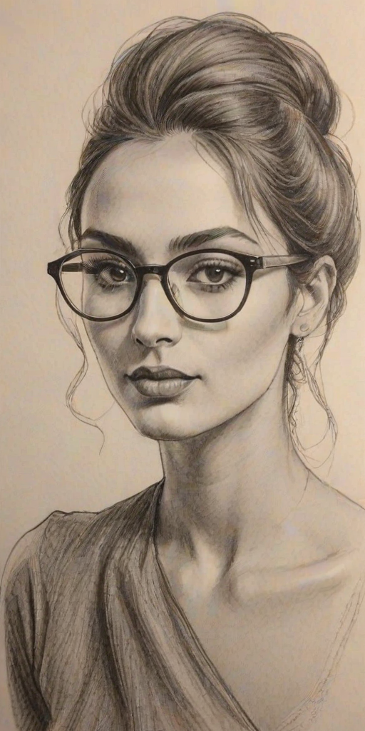 Bewitching Iman Vellani, pencil sketch, portrait of Graceful woman 1979s in glasses, hair style beatnik, outline, clear lines, fine lines, 8k