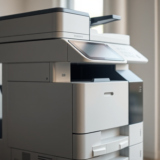 high-resolution image of a modern photocopier, side view, soft natural lighting, f-stop 5.6, ISO 100, shutter speed 1/125s, macro lens, DSLR camera