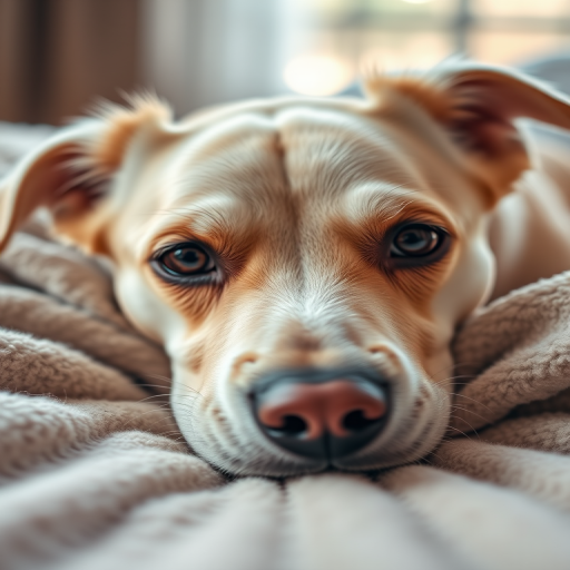 A close-up shot of a light-colored dog resting on a soft blanket, with sharp focus on the dog's eyes and nose, using a DSLR camera with a 50mm lens, aperture set to f/1.8, ISO 200, and natural light for a warm, inviting atmosphere.