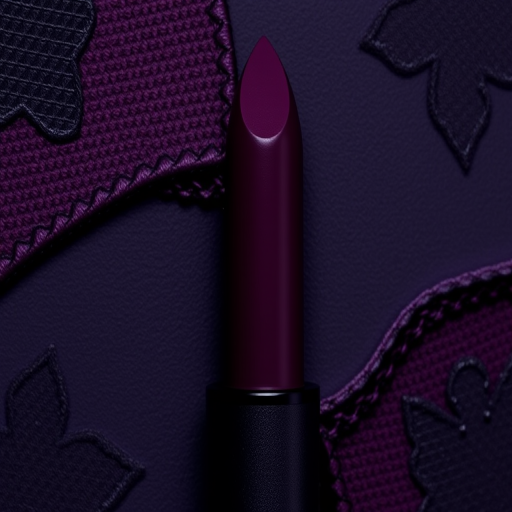 Mysterious deep plum matte lipstick in "Midnight Velvet" style, accentuated by intricate lace-like patterns etched into the surface, creating an alluring and sophisticated look