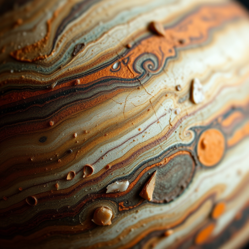 Create a detailed image of a textured planet with swirling colors and intricate patterns resembling Jupiter, captured with a Canon EOS R5, 50mm lens, f/1.8 aperture, ISO 100, in vivid colors with a focus on depth and contrast, using a macro photography style to enhance the intricate details.