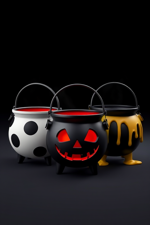 Create a high-resolution 3D render of three colorful Halloween-themed cauldrons in a row: one white with black spots, one black with a red interior and a spooky face, and one black with yellow dripping edges, use a 50mm lens at f/8, ISO 200, 1/125 sec, staged in a well-lit studio with a plain black background for maximum contrast and detail.