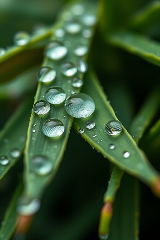 macro shot of water droplets on green leaves with shallow depth of field, 100mm lens, f/2.8 aperture, ISO 200, 1/250 sec, natural light, DSLR camera