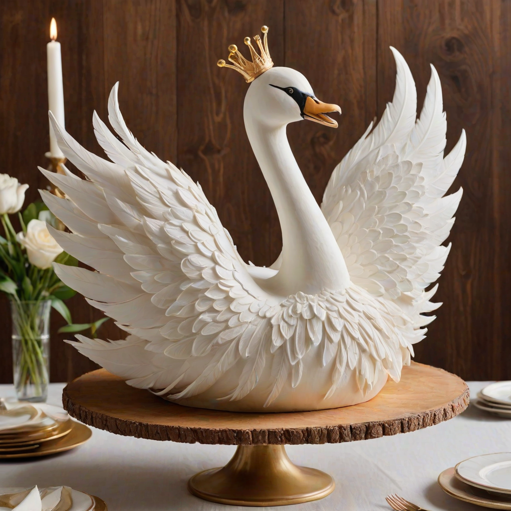 Create a whimsical cake designed to look like a swan. The cake should be predominantly white with elegant feather-like decorations made from frosting. The swan should have a graceful neck and a golden crown on its head. Place the cake on a wooden cake stand against a simple, light-colored background for a clean and sophisticated look.