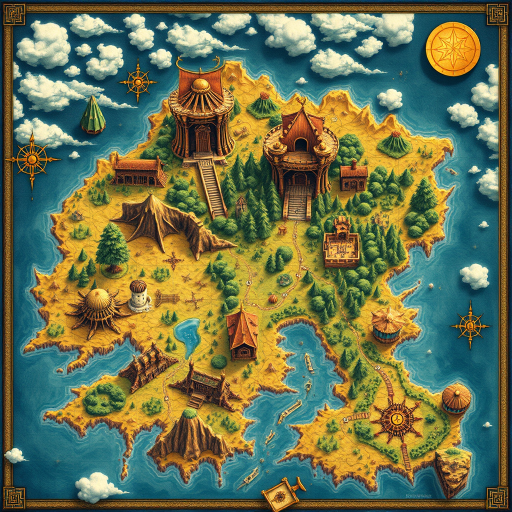 Create a highly detailed fantasy map of Trans-Perm featuring mythical landscapes, vivid colors, and intricate symbols, shot with a DSLR camera using a 35mm lens at f/8, ISO 100, and a wide-angle view to capture the entire map with high clarity.