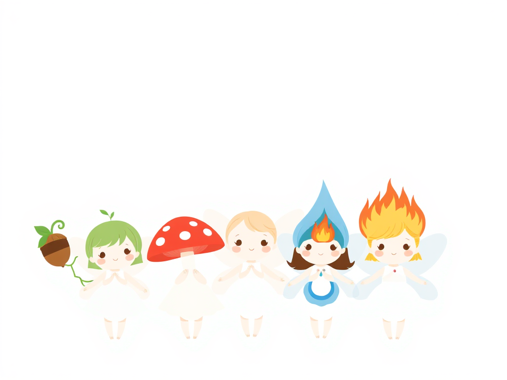 Create an illustration of cute, small fairies in a row with different themes. Include a fairy with a flower on its head, one with green leaves, an acorn, a red mushroom, a butterfly, a blue water-themed fairy, and a fairy with flames on its head. All fairies should have simple, round bodies and expressive eyes, with a soft, whimsical style. Use pastel colors for a gentle, enchanting effect.