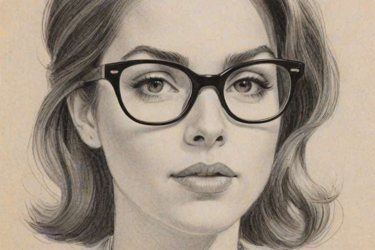 Superb Amy Pietz, pencil sketch, portrait of Fetching woman 1959s in glasses, hair style beatnik, outline, clear lines, fine lines, 8k