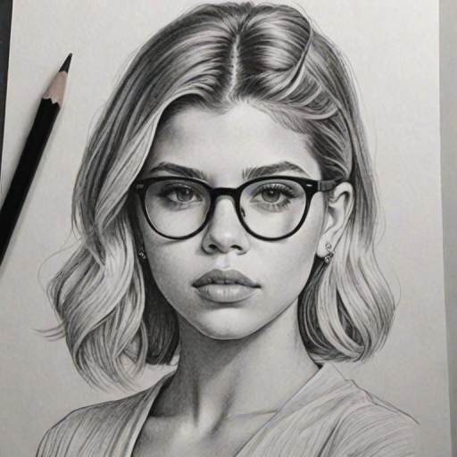 Gorgeous Sofia Richie, pencil sketch, portrait of Delightful woman 1949s in glasses, hair style beatnik, outline, clear lines, fine lines, 8k