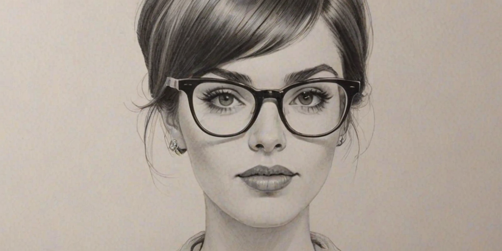 Wonderful Amie Harwick, pencil sketch, portrait of Delightful woman 1965s in glasses, hair style beatnik, outline, clear lines, fine lines, 8k