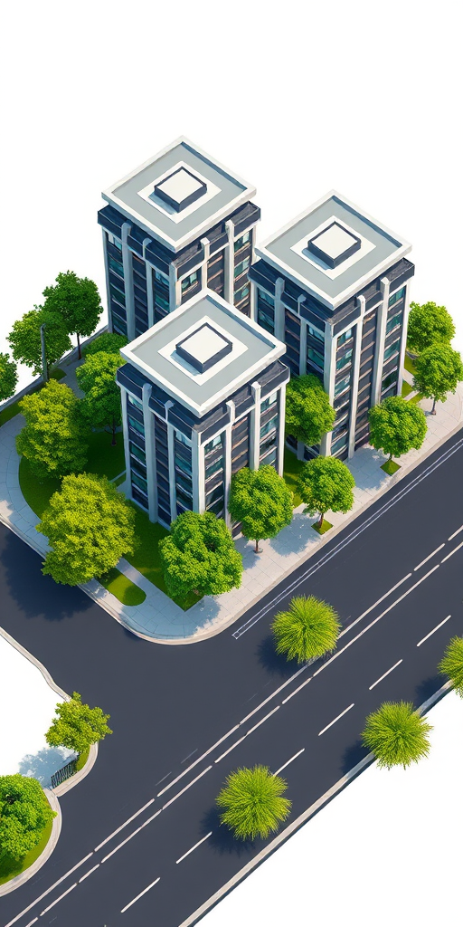 Create a high-resolution isometric illustration of three modern apartment buildings with flat roofs, surrounded by green trees and situated beside a black asphalt road, using a DSLR camera at f/8 aperture, ISO 100, 24mm lens, and capturing a perspective view for enhanced depth and clarity.