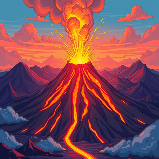 Create a vibrant cartoon-style illustration of a volcano erupting, capturing bright lava and smoke, shot with a Canon EOS 5D Mark IV, 50mm f/1.8 lens, at f/8 aperture, ISO 100, in a well-lit environment for enhanced color saturation.