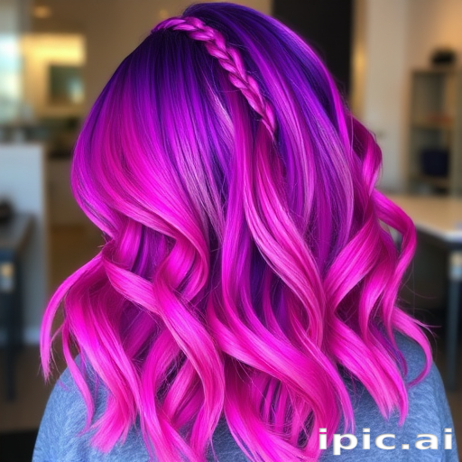 Vibrant magenta ombre hair cascading in loose waves, styled by Miranda Frost, featuring rich purple roots fading to electric pink tips, shimmering with holographic highlights and intricate braided accents woven throughout
