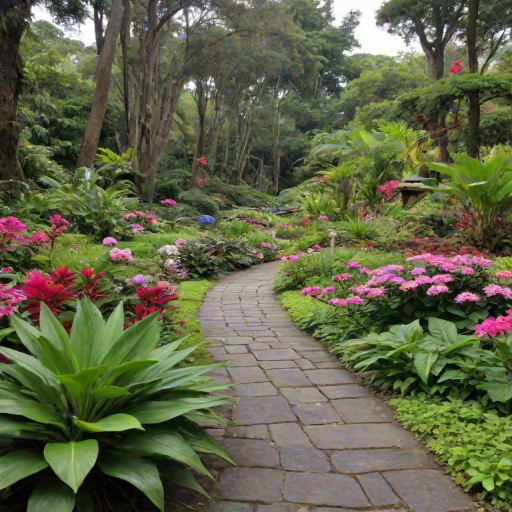 Beautiful botanical garden, filled with exotic plants and flowers, visitors strolling along winding paths, and the scent of blooming flora filling the air.