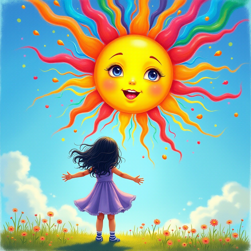 A depiction, in colorful paints, of a little girl, back to the viewer, short stripy socks, lilac and blue dress, arms outstretched, long black wavy hair being blown by the breeze, bight summer's day, up in the blue sky a giant colorful sun face, with pretty eyes, pink lips, colorful swirls, and rainbow colored flames shooting off in all directions