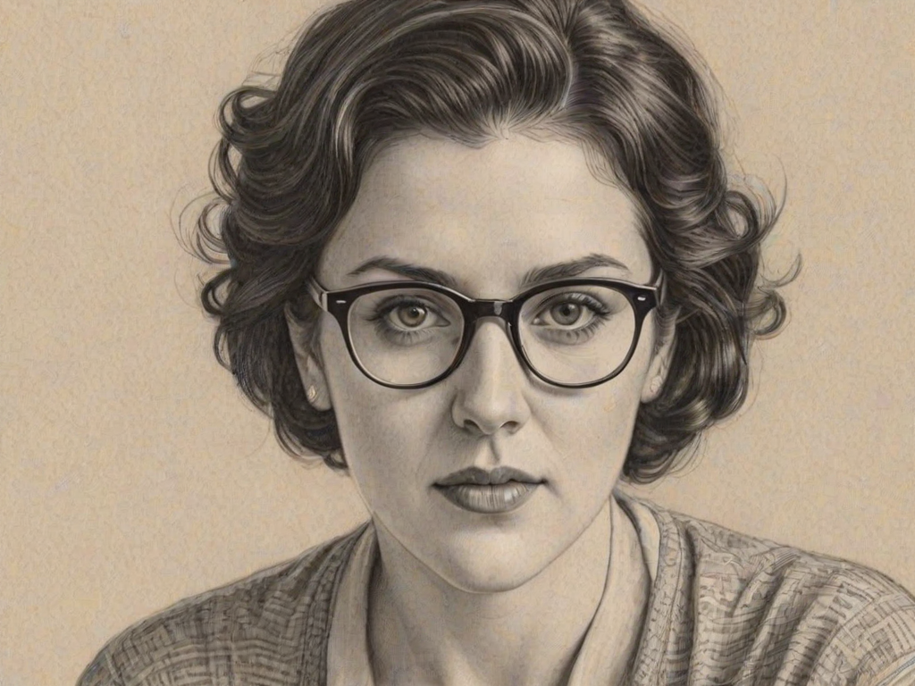 Enchanting Melanie Lynskey, pencil sketch, portrait of Magnificent woman 1939s in glasses, hair style beatnik, outline, clear lines, fine lines, 8k