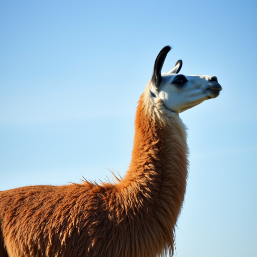 Create an image of a llama standing in profile view against a clear sky, using a DSLR camera with a 50mm lens, aperture set to f/2.8, ISO 100, and a shutter speed of 1/500 seconds for sharpness and clarity.