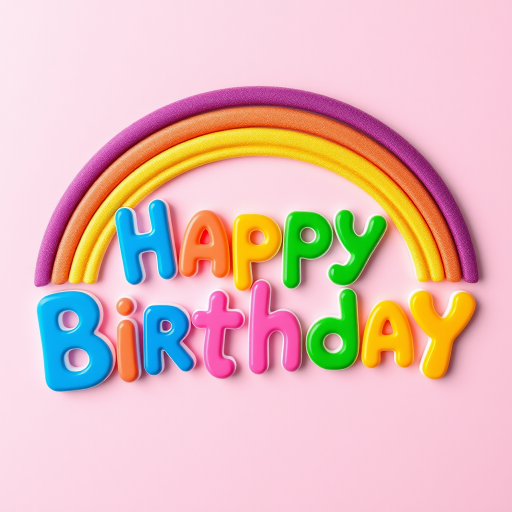 Create a colorful birthday greeting card featuring the text "Happy Birthday" in playful fonts, with a multi-colored rainbow arching above the words, set against a soft pink background, captured with a DSLR camera at f/2.8, ISO 100, 50mm lens, natural lighting for enhanced vibrancy.