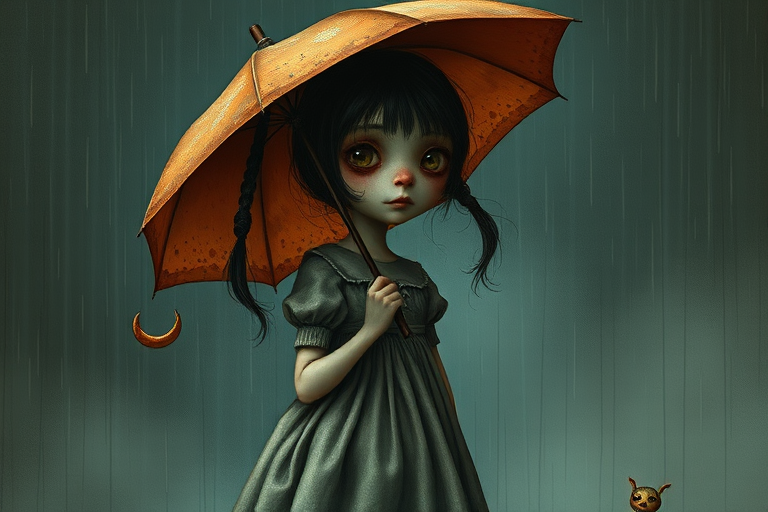 An eerie, weird little girl with dark hair in thin pigtails, wearing a smock dress, standing in the rain, holding a dirty orange umbrella, a small, odd creature beside her. In a surreal style inspired by Nicoletta Ceccoli and Brian Froud. Dark fantasy themes