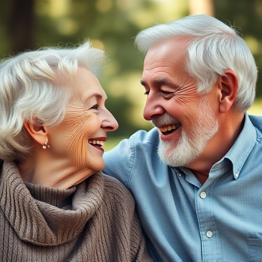 portrait of an elderly couple smiling at each other in a soft, natural setting, 50mm lens, aperture f/2.8, ISO 200, shallow depth of field, natural lighting, captured with a digital SLR camera
