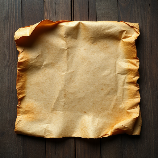 Create an image of an aged parchment with curled edges and visible texture, captured with a Canon EOS 5D Mark IV, 50mm lens, f/2.8 aperture, ISO 100, natural lighting, top-down perspective, and a slightly blurred background to enhance focus on the parchment detail.