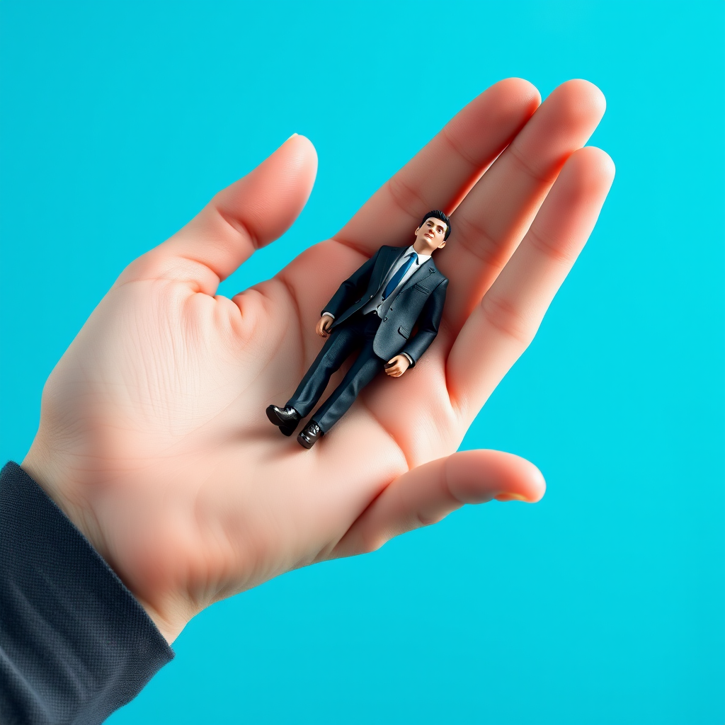 Create a high-resolution image of a large hand gently cradling a tiny businessman in a suit, with a bright blue background, using a DSLR camera set to f/5.6, ISO 100, and a focal length of 50mm, capturing a soft focus with natural lighting.