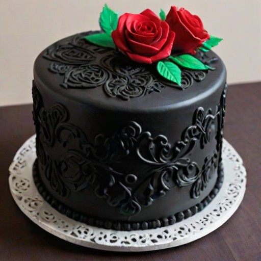 Create an elegant black cake with intricate icing details. The cake should be adorned with a decorative border featuring red roses and green leaves. The top should have a smooth finish, and the overall design should convey a sophisticated and artistic style.