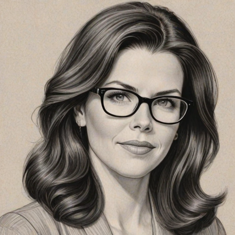 Graceful Lauren Graham, pencil sketch, portrait of Ravishing woman 1948s in glasses, hair style beatnik, outline, clear lines, fine lines, 8k