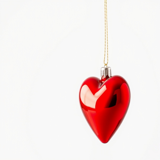 Create a high-resolution image of a glossy red heart-shaped ornament hanging from a thin golden string against a minimalistic white background, captured with a macro lens at f/2.8, ISO 100, and a shutter speed of 1/200s, utilizing a DSLR camera for enhanced detail and vibrant color.