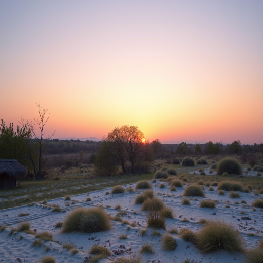 Generate a high-resolution image of a serene landscape at sunrise with soft pastel colors, using a DSLR camera with a 50mm lens, f/1.8 aperture, ISO 100, and a wide-angle view for enhanced depth and clarity.