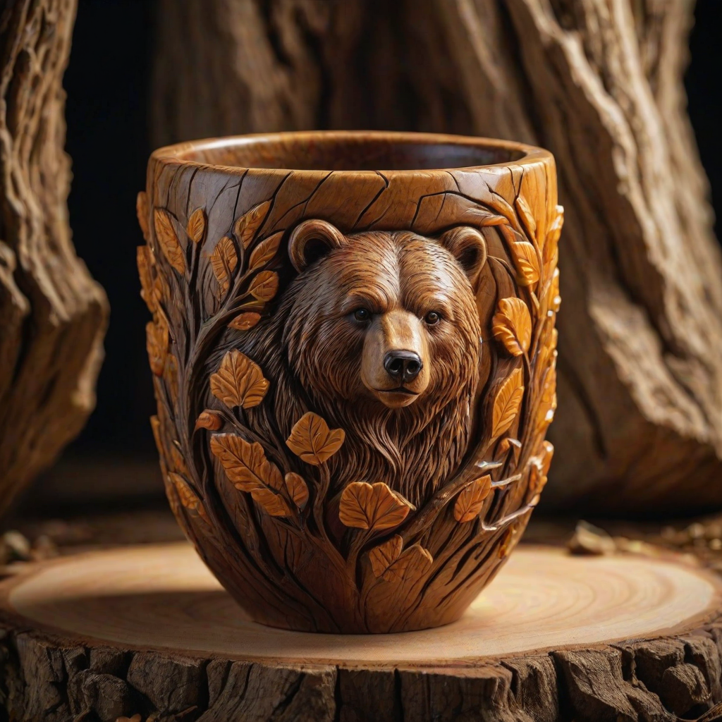 photo of artistic stone cup with 3d carving, bear cave in the forest as carving theme, ornamented by finest wood and amber accents, masterpiece of art, visually stunning, natural daylight, sharp focus,55mm f/ 1. 8 lens, studio light