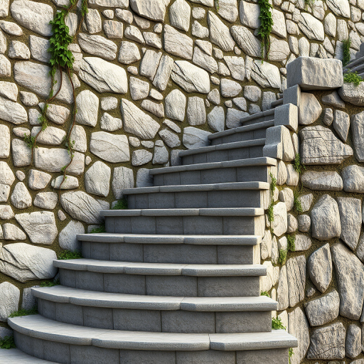 Create a highly detailed 3D rendering of stone stairs and a wall, showcasing textures of weathered stones with vines, use a 50mm lens, aperture f/5.6, ISO 100, 3-point lighting setup, and a high-resolution camera type for enhanced image quality.