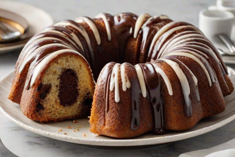 Generate an image of a beautifully glazed bundt cake with a marbled chocolate and vanilla interior. The cake should be placed on a white plate with a few slices cut and arranged on small plates beside it. Add a light background with a soft texture to enhance the presentation. Include a small bowl of sauce and a few utensils for a complete dessert setting.