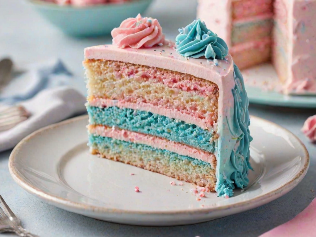 Generate an image of a slice of pastel-colored cake with layers of pink and blue frosting. The cake should have a fluffy texture and be served on a simple white plate. Include some decorative frosting or sprinkles on top, and a soft, blurred background to emphasize the cake.