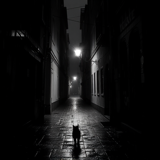 High-contrast black-and-white image of a deserted alleyway in the rain, with a single streetlamp illuminating wet cobblestones, and a stray cat dashing through the shadows.