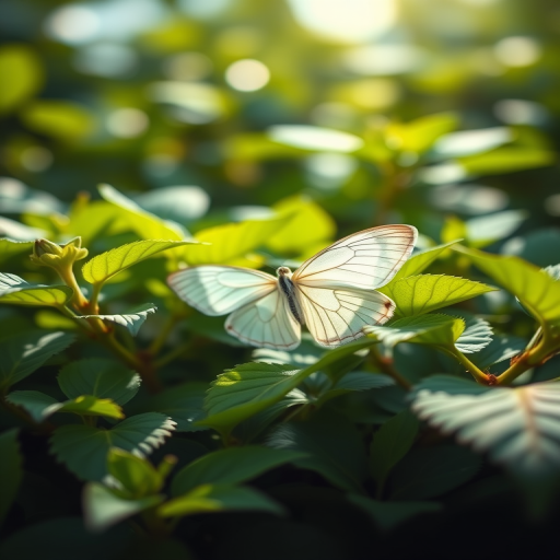 Generate an image of a delicate white butterfly resting on vibrant green leaves in a softly lit environment, capturing the intricate patterns on its wings and the lushness of the foliage.