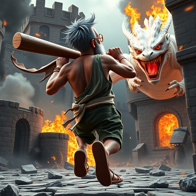 Cartoon 3D High-Resolution,dynamic battle scene using Unreal Engine 5 and Octane Render. The scene features back of an elderly, thai man with a beard,messy hair and round golden-rimmed glasses. He is wearing a tattered tank top with soot marks, shorts, and sandals. sweating. he wields a baseball bat. He jump to fight with a white fire-breathing Europe dragon amidst a partially destroyed stone castle. Include intense flames, smoke, and debris to enhance the dramatic effect.
