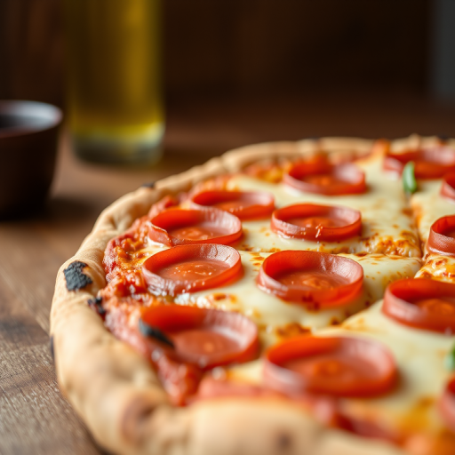 Generate a close-up shot of a freshly baked pepperoni pizza with melted cheese, showcasing the texture of the crust and toppings, using a Canon EOS R5 with a 50mm lens at f/1.8, ISO 100, and a shutter speed of 1/100 sec, natural lighting, and a wooden table background.