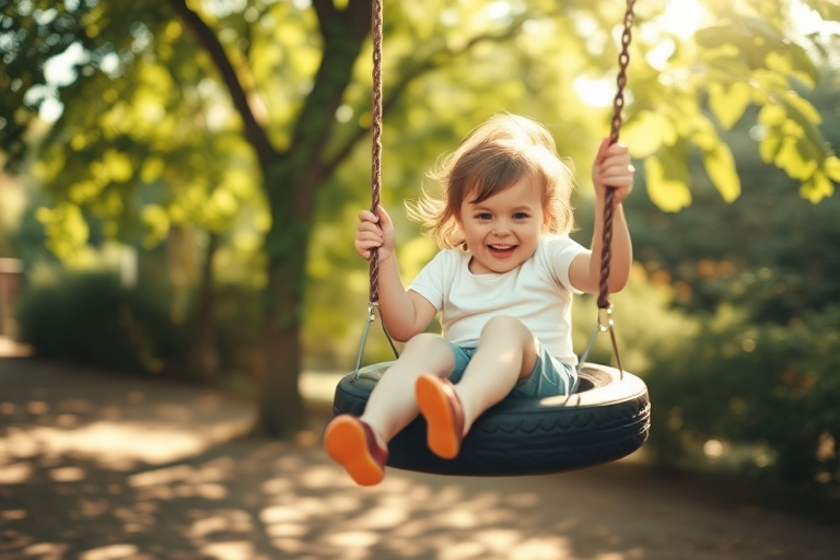 Blurry action shot of a child swinging on a tire swing, mid-air with a wide smile, sunlight filtering through the leaves above, soft shadows cast on the ground, the distant sound of laughter and birds chirping in the background.