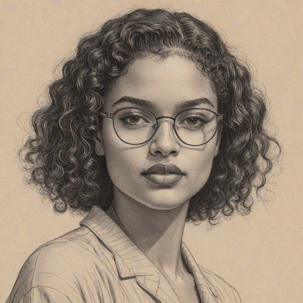 Resplendent Indya Moore, pencil sketch, portrait of Sublime woman 1935s in glasses, hair style beatnik, outline, clear lines, fine lines, 8k