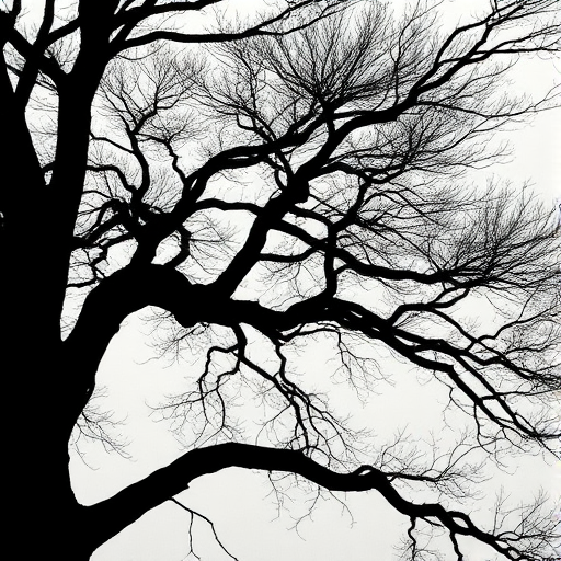 Create an abstract black silhouette of a tree with intricate branches and a slightly textured background, captured using a Canon EOS R5 with a 50mm lens at f/1.8, ISO 100, 1/200s in natural light from a low angle.