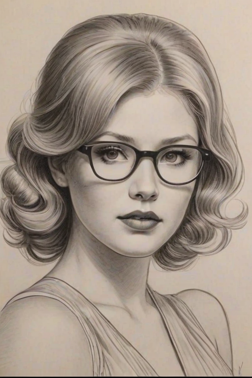Elegant Renee Olstead, pencil sketch, portrait of Captivating woman 1937s in glasses, hair style beatnik, outline, clear lines, fine lines, 8k