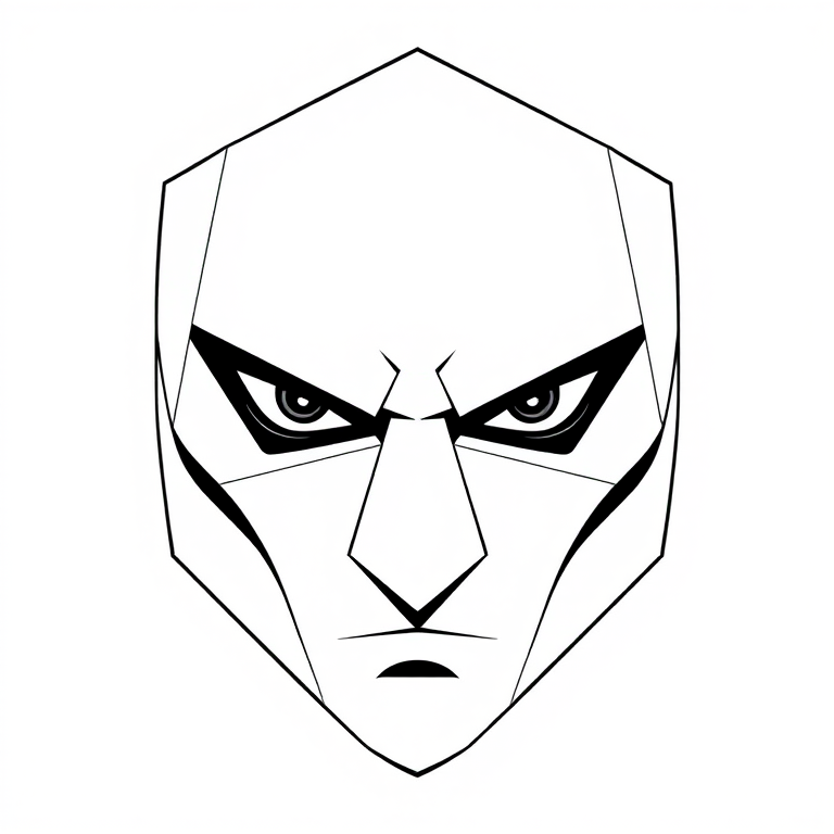 Create a minimalistic illustration of a pentagonal face with sharp angular features, emphasizing intense eyes and a confident expression, use a digital art style, high resolution, with a camera setting of f/2.8, ISO 100, 1/60s shutter speed, top-down view, and a digital drawing tablet as the medium.